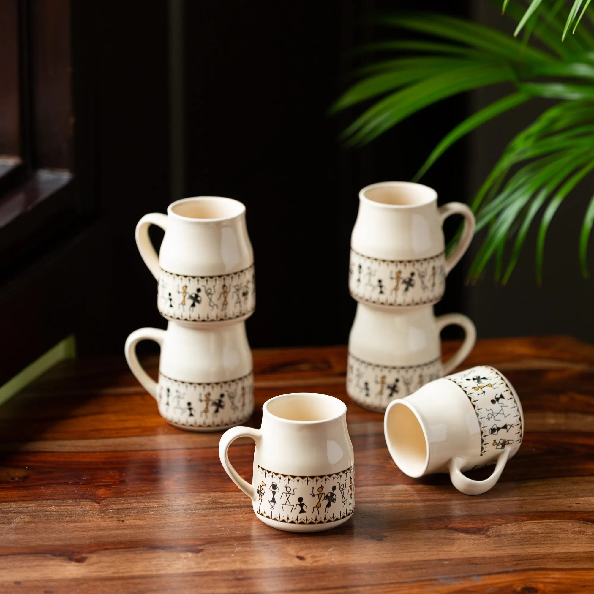 'Whispers of Warli' Handcrafted Ceramic Tea Cups (Set of 6, 140 ML, Microwave Safe)