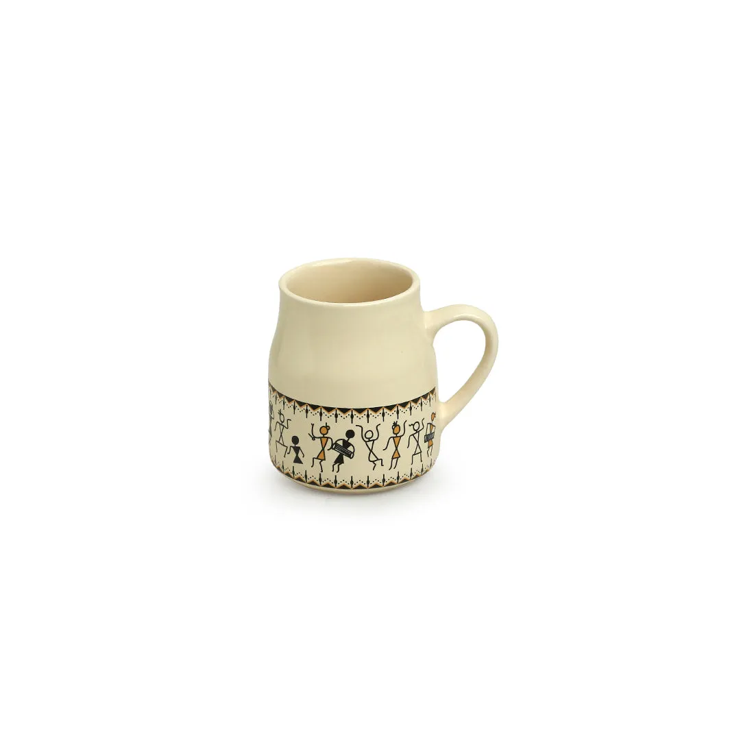 'Whispers of Warli' Handcrafted Ceramic Tea Cups (Set of 6, 140 ML, Microwave Safe)