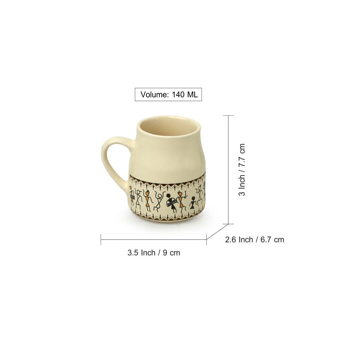 'Whispers of Warli' Handcrafted Ceramic Tea Cups (Set of 6, 140 ML, Microwave Safe)